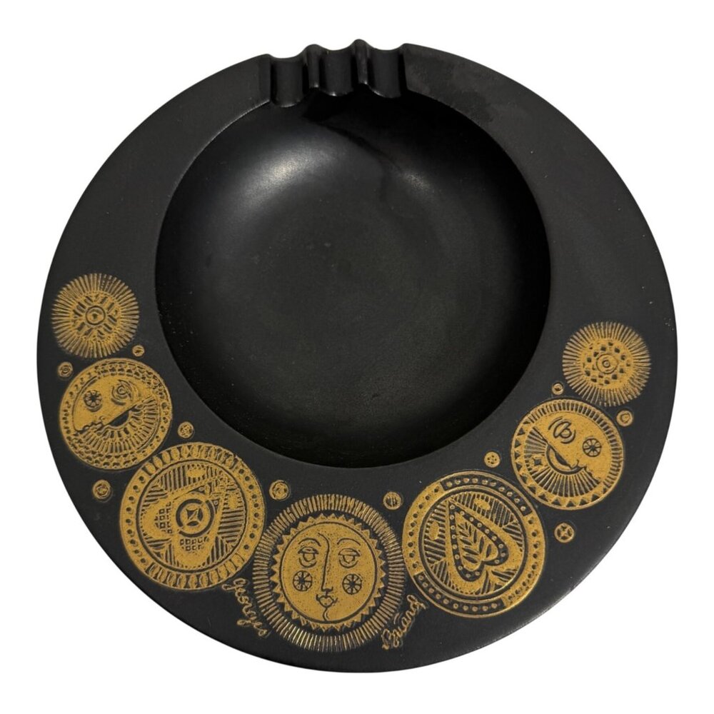 Vintage Georges Briard Midas Hyalyn Gold Black Celestial Ashtray MCM 6.5" Diam